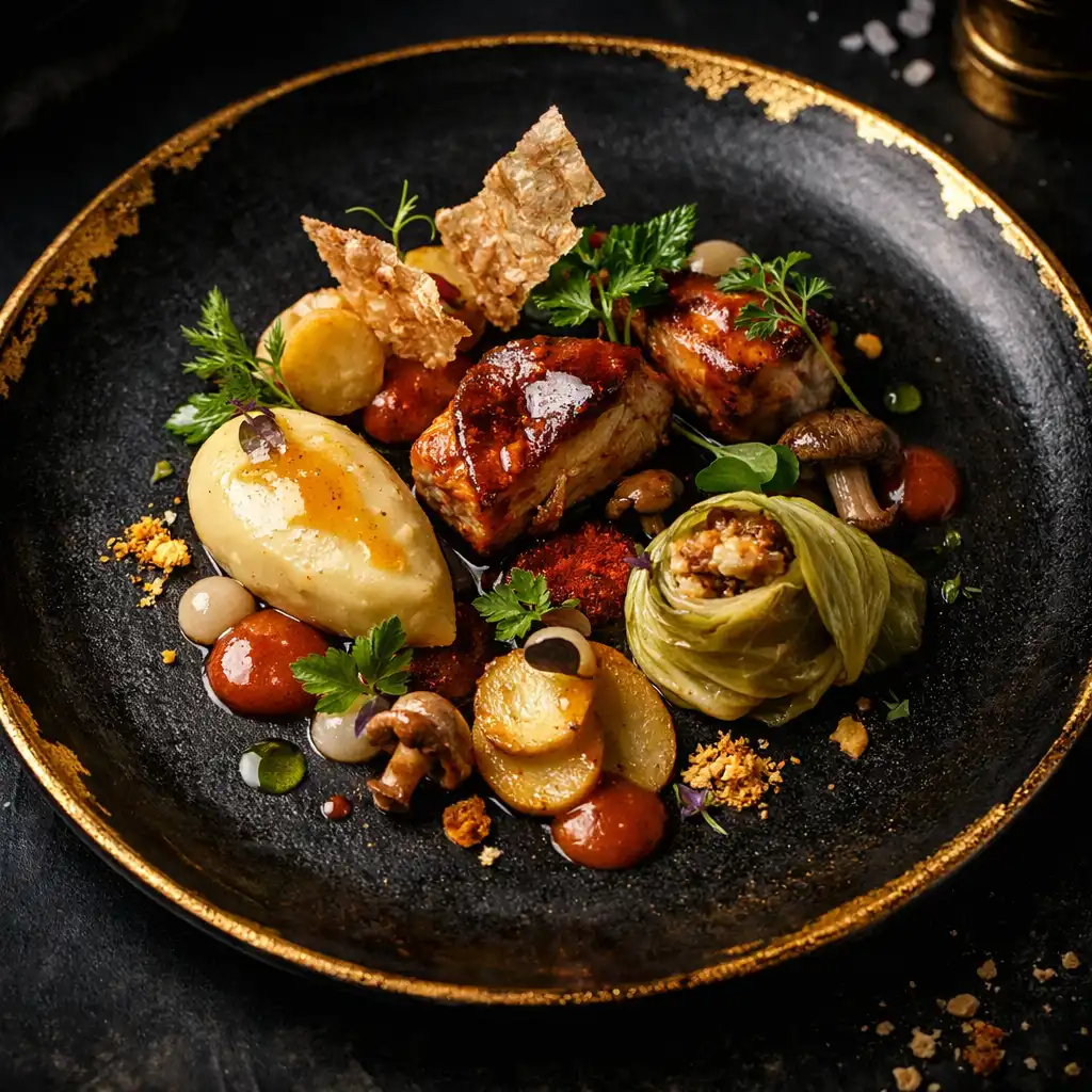 Gondosan tálalt gourmet fogás sötét kerámia tányéron, arany díszítéssel