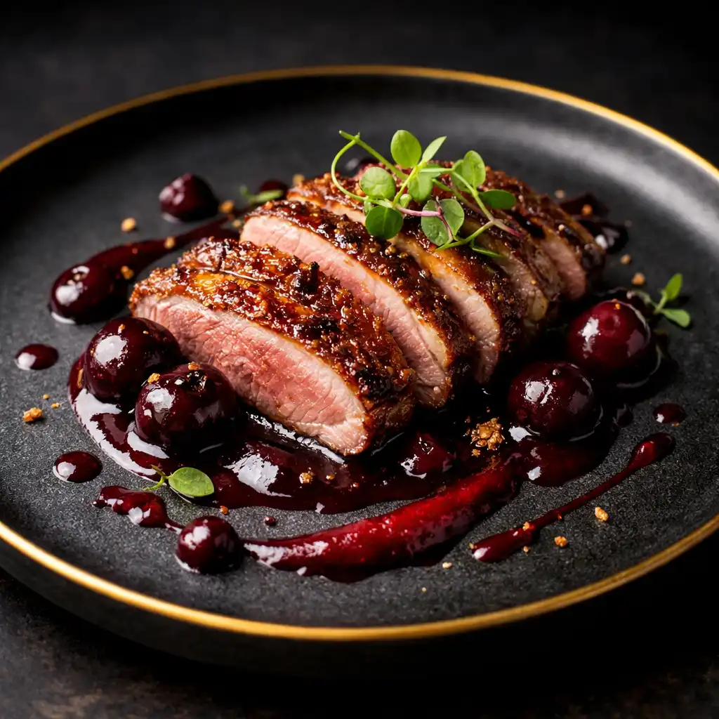 Gourmet tányér füstölt kacsamellel, cseresznyés redukcióval és mikrozöldekkel, sötét kerámiatányéron.